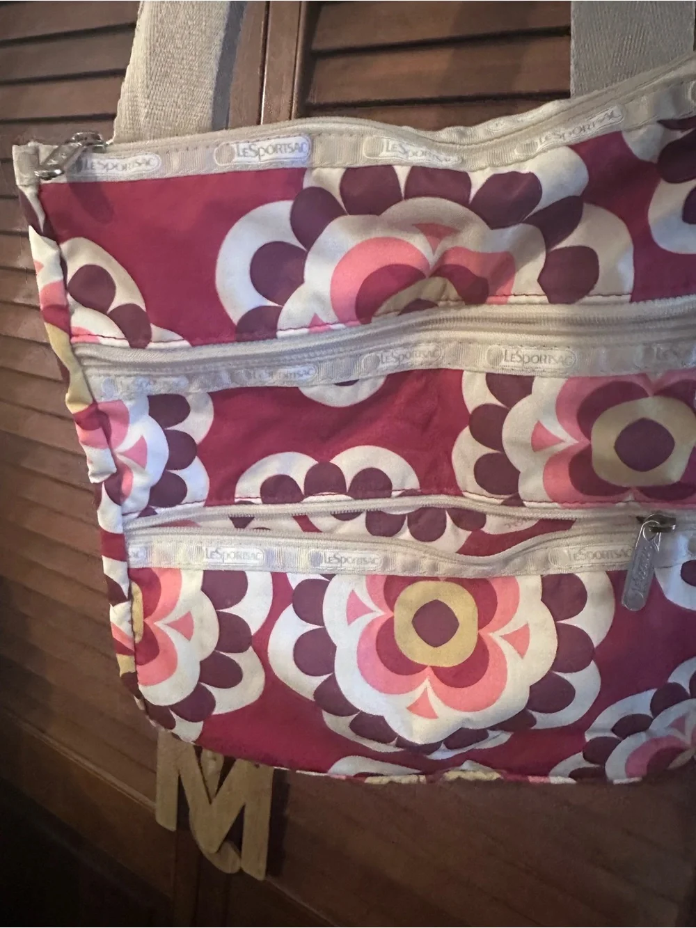 LeSportsac Crossbody Retired Maroon Pink Floral Pattern with Cream Strap